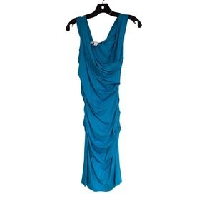 Diane von Furstenberg DVF Turquoise Blue Ruched Cowl Neck Sleeveless Dress SizeS